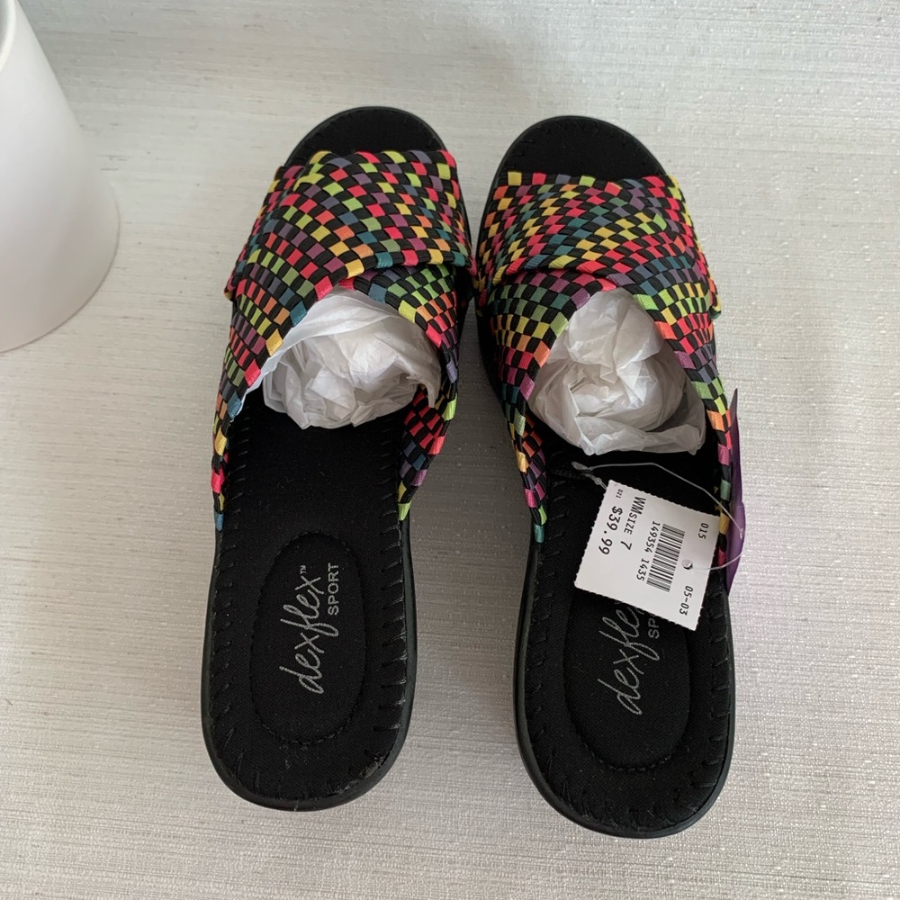 NWT Dexflex Rainbow Check Stretch Chunky Platform Wedge Sandals Woman’s 7 - Picture 9 of 11